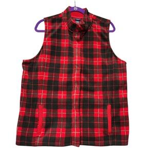Basic Editions Womens XL Red Black Plaid Fleece Vest Sleeveless Jacket Button Up